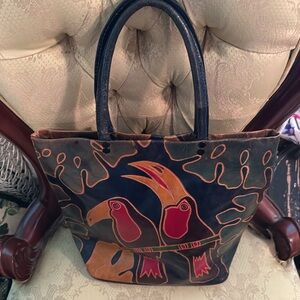 Vintage Blue and Red Tote Bag with Whimsical Bird Design